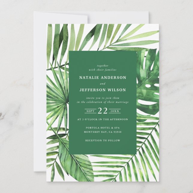 Invitación de boda con hoja tropical y acuarela de (Anverso)