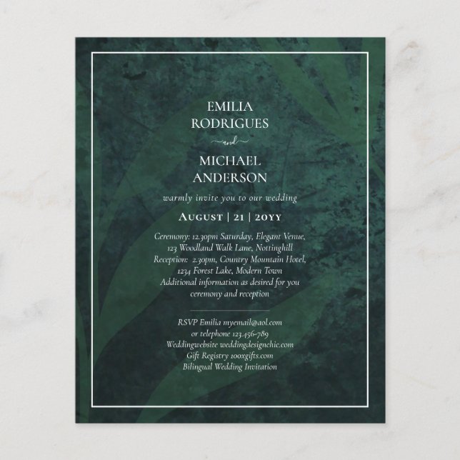 Invitación de boda con hojas blancas y esmeraldas  (Frente)
