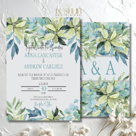 Invitación de boda con hojas de acuarela azul verd
