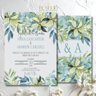 Invitación de boda con hojas de acuarela azul verd