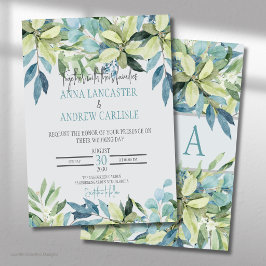 Invitación de boda con hojas de acuarela azul verd