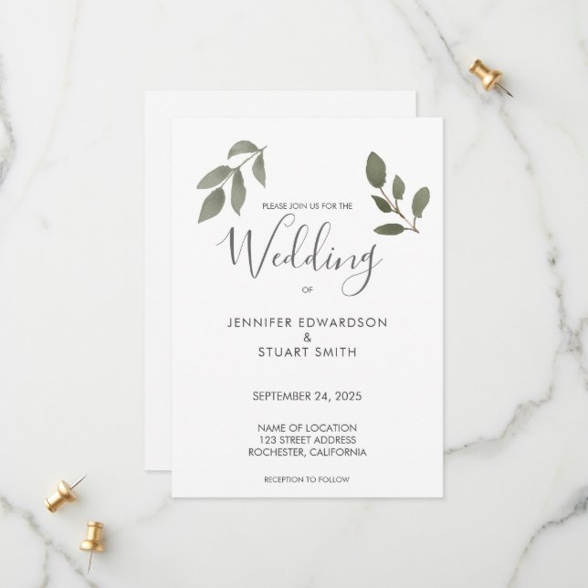 Invitación de boda con hojas de acuarela botánica (Anverso/Reverso In Situ)