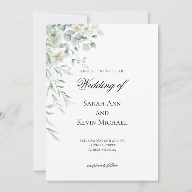 Invitación de boda con hojas de eucalipto verde (Anverso)