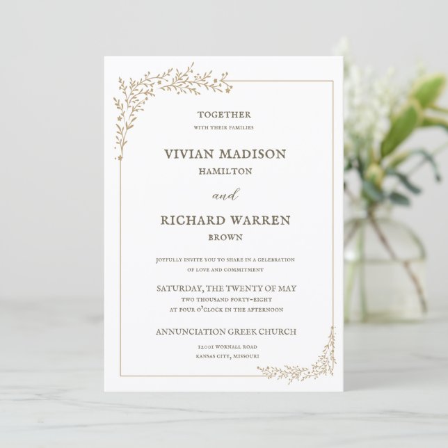 Invitación de Boda con Hojas de Oro Opulento (Anverso de pie)