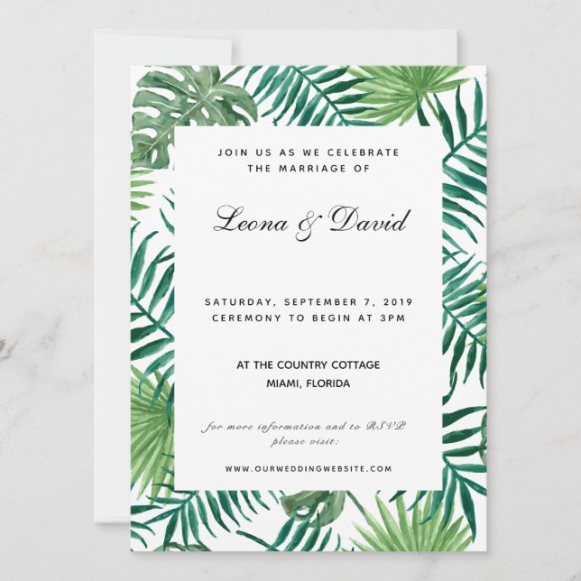 Invitación de boda con hojas de palma verdes a la  (Anverso)