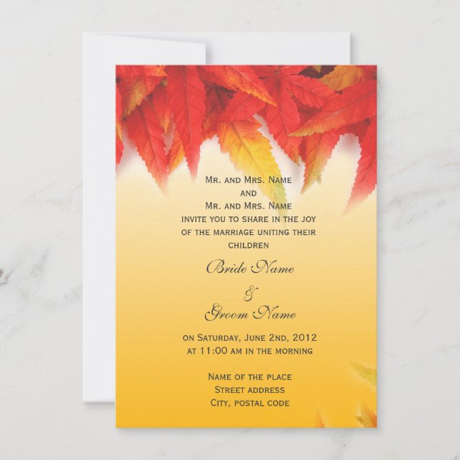 Invitación de boda con hojas rojas de otoño (Anverso)