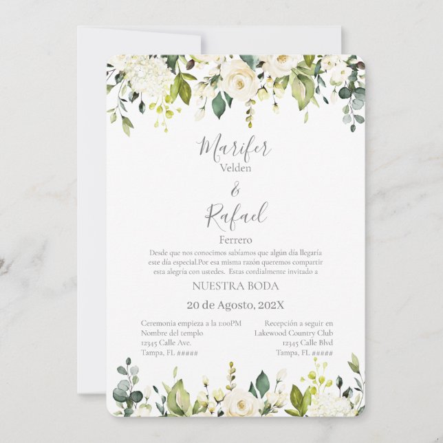 Invitación de boda con hojas verde y rosas blancas (Anverso)