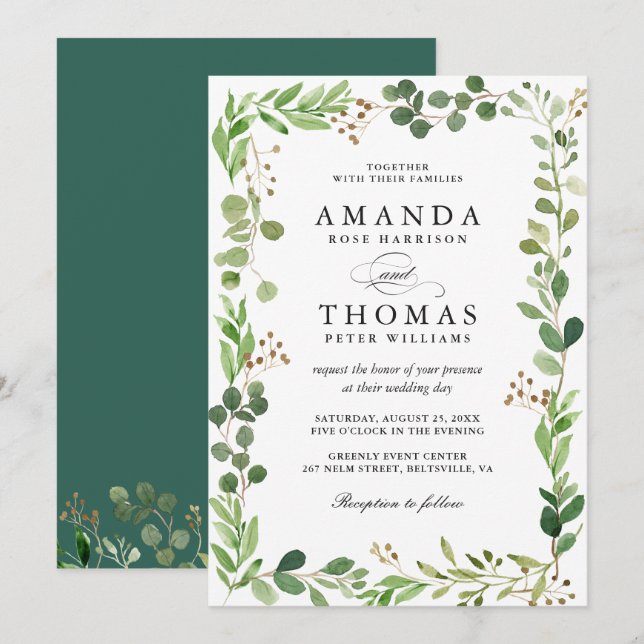 Invitación de boda con hojas verdes de eucalipto (Anverso / Reverso)