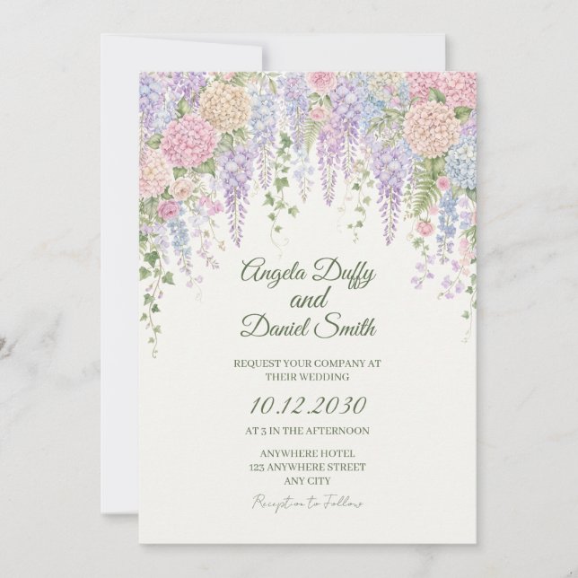Invitación de boda con Hortensia Pastel (Anverso)