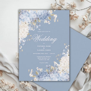 Invitación de boda con hortensias azules y blancas