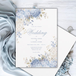 Invitación de boda con hortensias azules y blancas