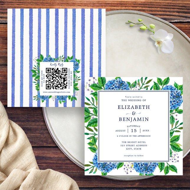 Invitación de Boda con Hortensias Azules y Código  (Front / Back)
