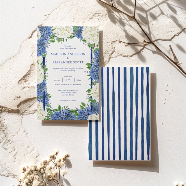 Invitación de Boda con Hortensias Blancas y Rayas  (Front / Back)