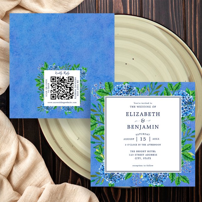 Invitación de Boda con Hortensias Elegantes y Códi (Front / Back)