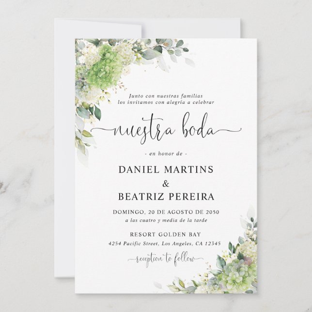 Invitación de boda con hortensias florales (Anverso)