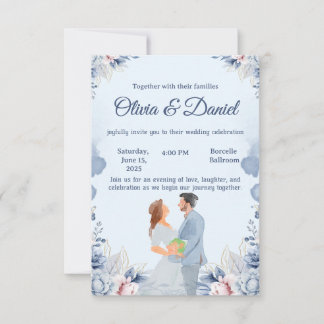 Invitación de boda con ilustración de acuarela azu