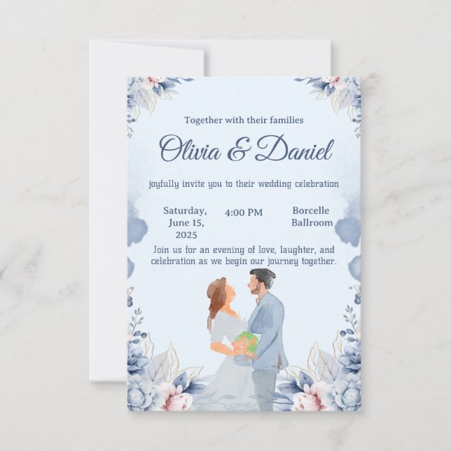 Invitación de boda con ilustración de acuarela azu (Anverso)