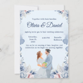 Invitación de boda con ilustración de acuarela azu