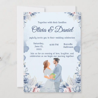 Invitación de boda con ilustración de acuarela azu