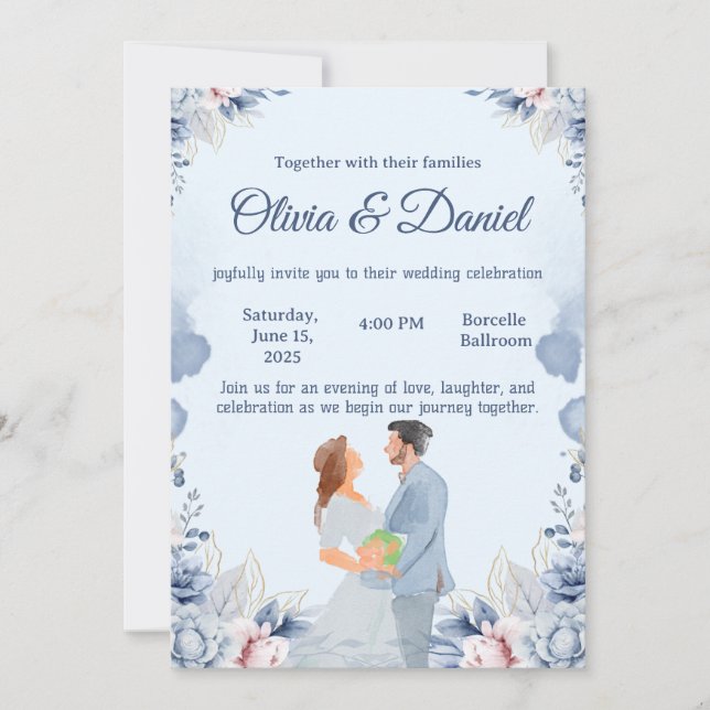 Invitación de boda con ilustración de acuarela azu (Anverso)
