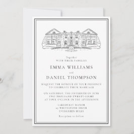 Invitación de boda con ilustración de finca elegan