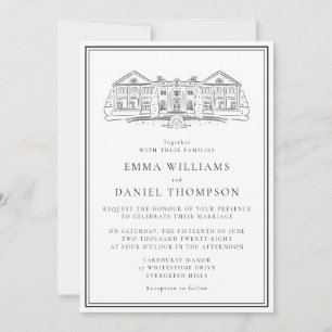 Invitación de boda con ilustración de finca elegan
