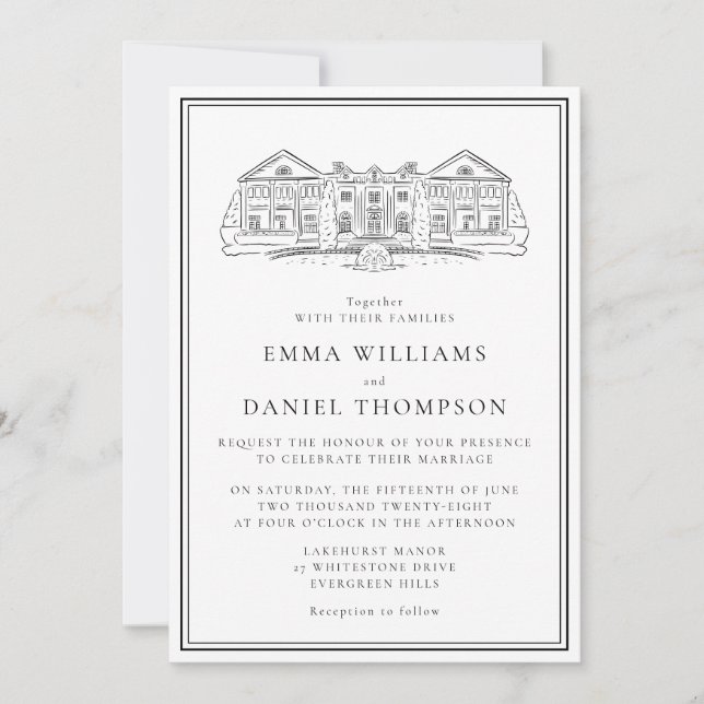 Invitación de boda con ilustración de finca elegan (Anverso)