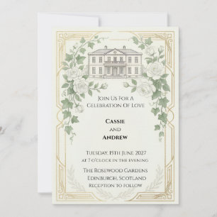 Invitación de boda con ilustración del lugar