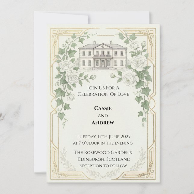 Invitación de boda con ilustración del lugar (Anverso)