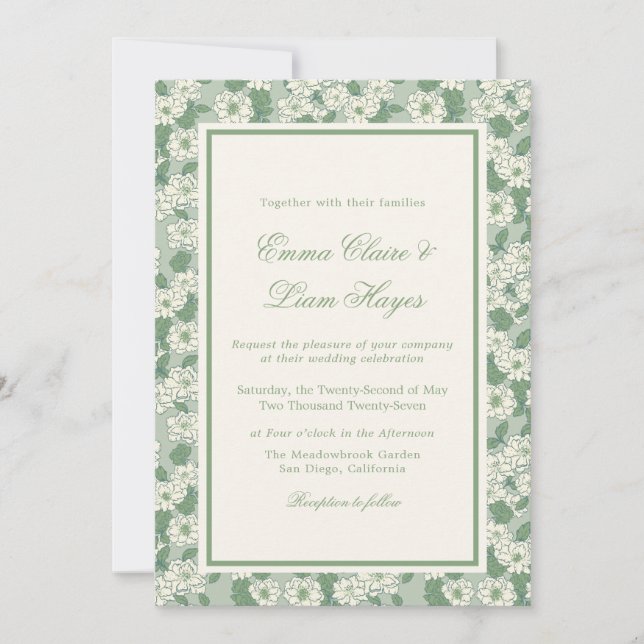 Invitación de boda con jardinera en verde salvia y (Anverso)