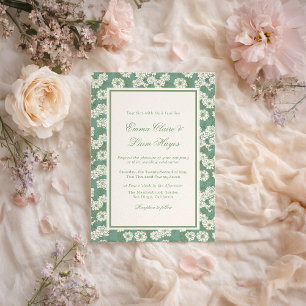 Invitación de boda con jardinera en verde salvia y