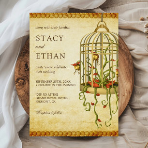 Invitación de boda con jaula de pájaros floral rús