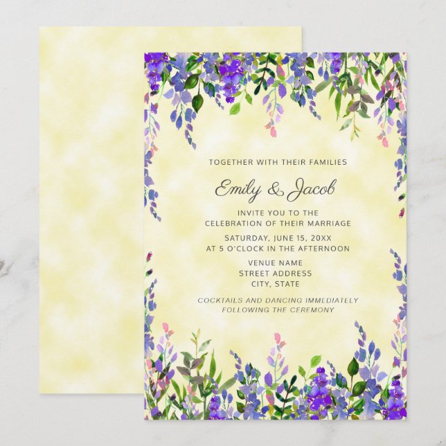 Invitación de boda con lavanda acuarela sobre amar (Anverso / Reverso)