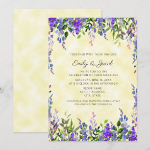 Invitación de boda con lavanda acuarela sobre amar