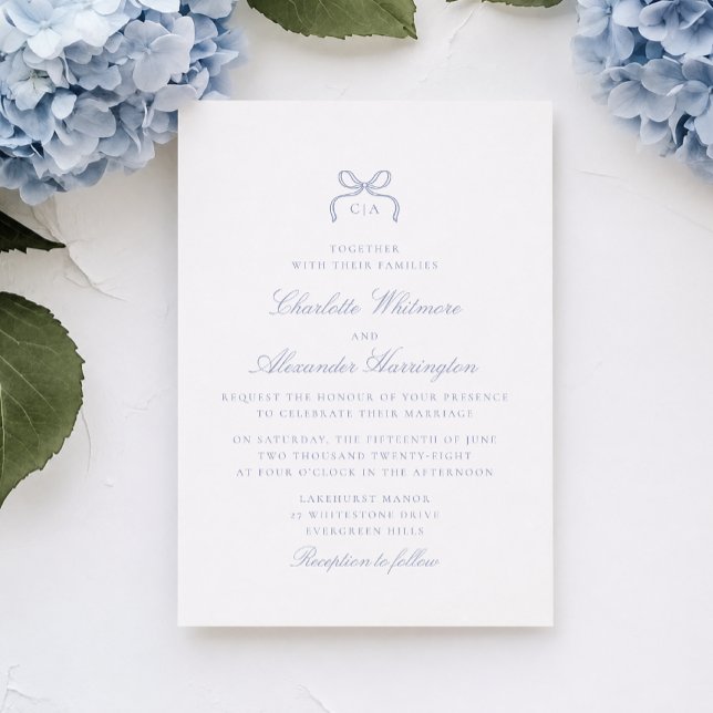 Invitación de boda con lazo azul caprichoso (Subido por el creador)