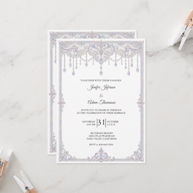 Invitación de boda con lazo de encaje iridiscente  (Anverso/Reverso In Situ)
