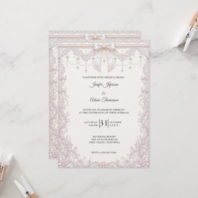 Invitación de boda con lazo de encaje iridiscente  (Anverso/Reverso In Situ)