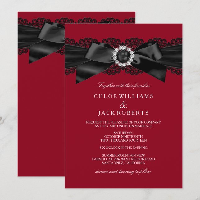 Invitación de boda con lazo de perla roja y negra  (Anverso / Reverso)