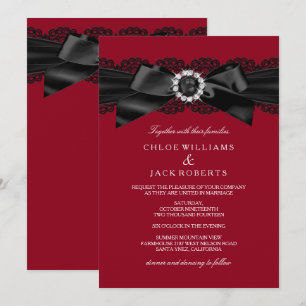 Invitación de boda con lazo de perla rojo y negro 