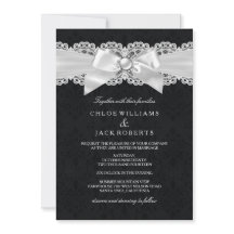 Invitación de boda con lazo de perla y damasco neg