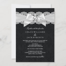 Invitación de boda con lazo de perla y damasco neg
