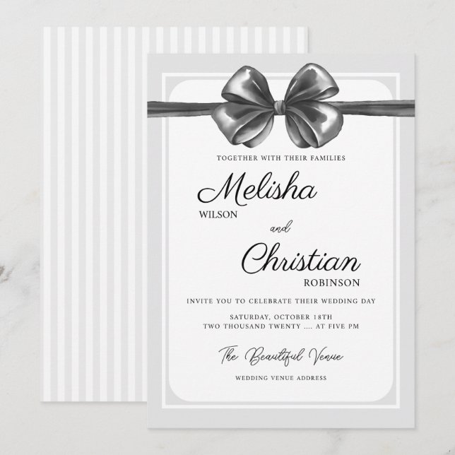 Invitación de boda con lazo negro lujoso. (Anverso / Reverso)