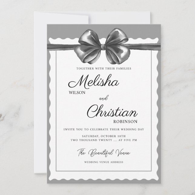 Invitación de boda con lazo negro lujoso. (Anverso)
