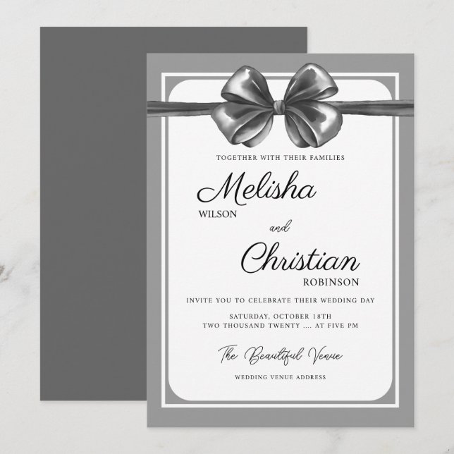 Invitación de boda con lazo negro lujoso. (Anverso / Reverso)