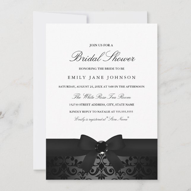 Invitación de boda con lazo negro y blanco de Dama (Anverso)