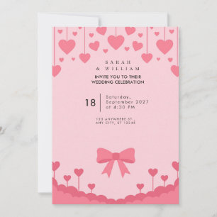 Invitación de boda con lazo pastel de corazones ro