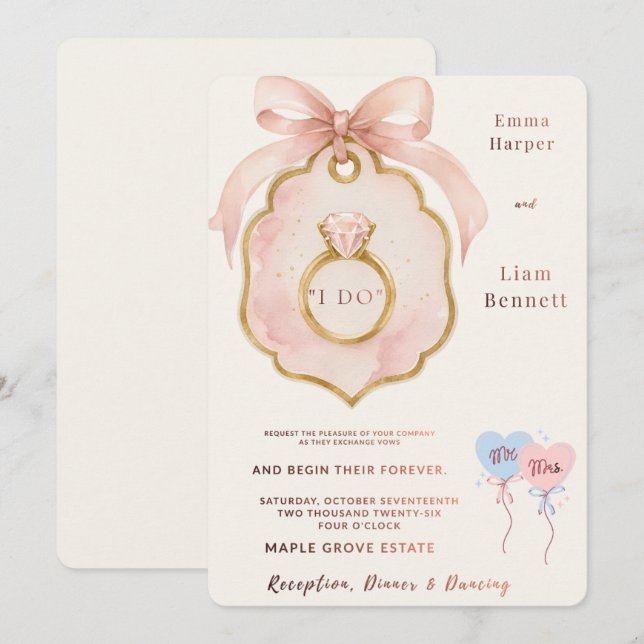 Invitación de boda con lazo rosa elegante | Editab (Anverso / Reverso)