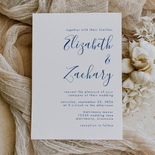 Invitación de boda con letra azul añil moderna