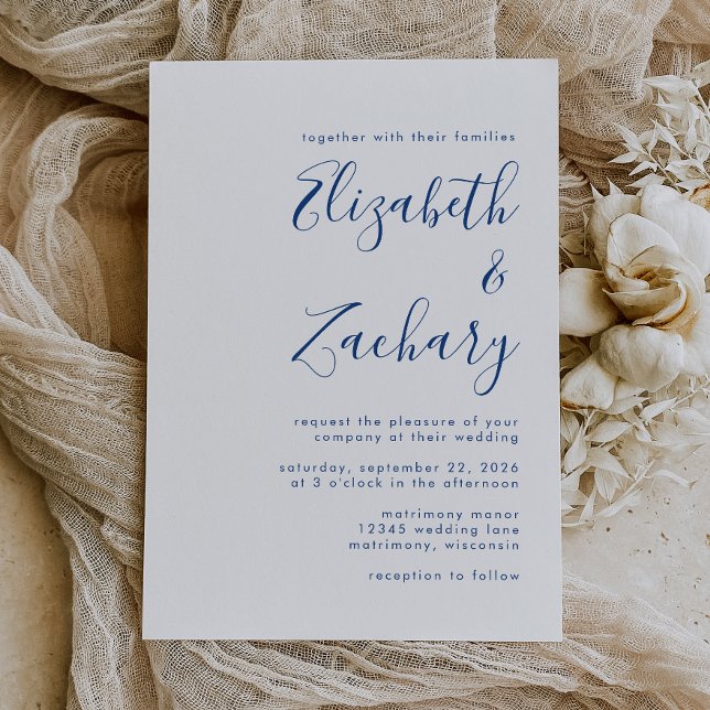 Invitación de boda con letra azul añil moderna (Subido por el creador)