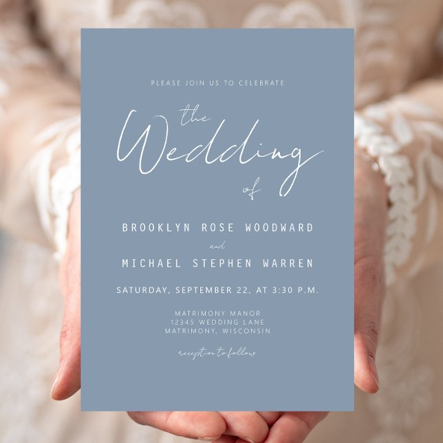 Invitación de boda con letra azul polvorienta mini (Subido por el creador)